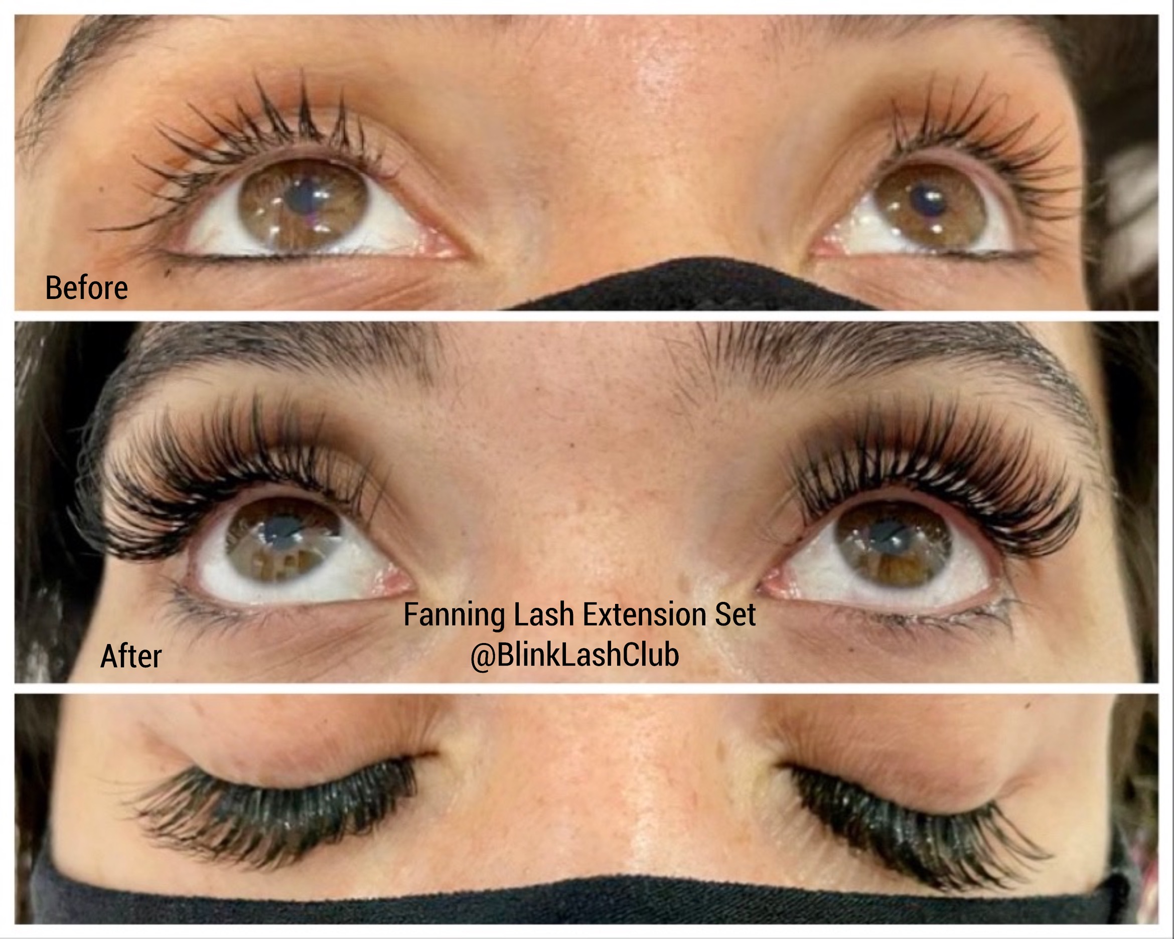 Before and after ultra vogue fanning lashes showing fuller and balanced volume